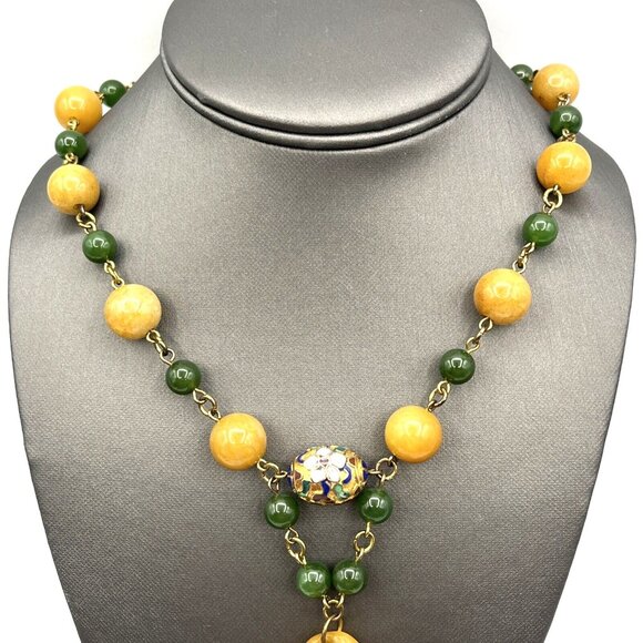 Yellow Jade & Green Nephrite Jade Cloisonne Beaded Carved Foo Dog Necklace 18" - Picture 7 of 12